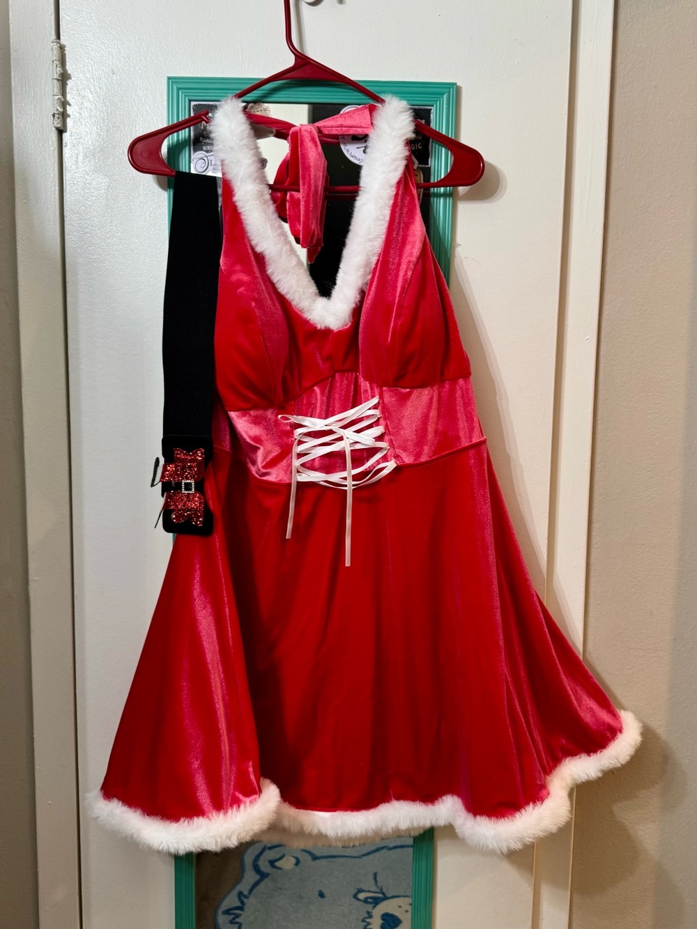 Festive Red Velvet Holiday Halter Chemise with Faux Fur Trim